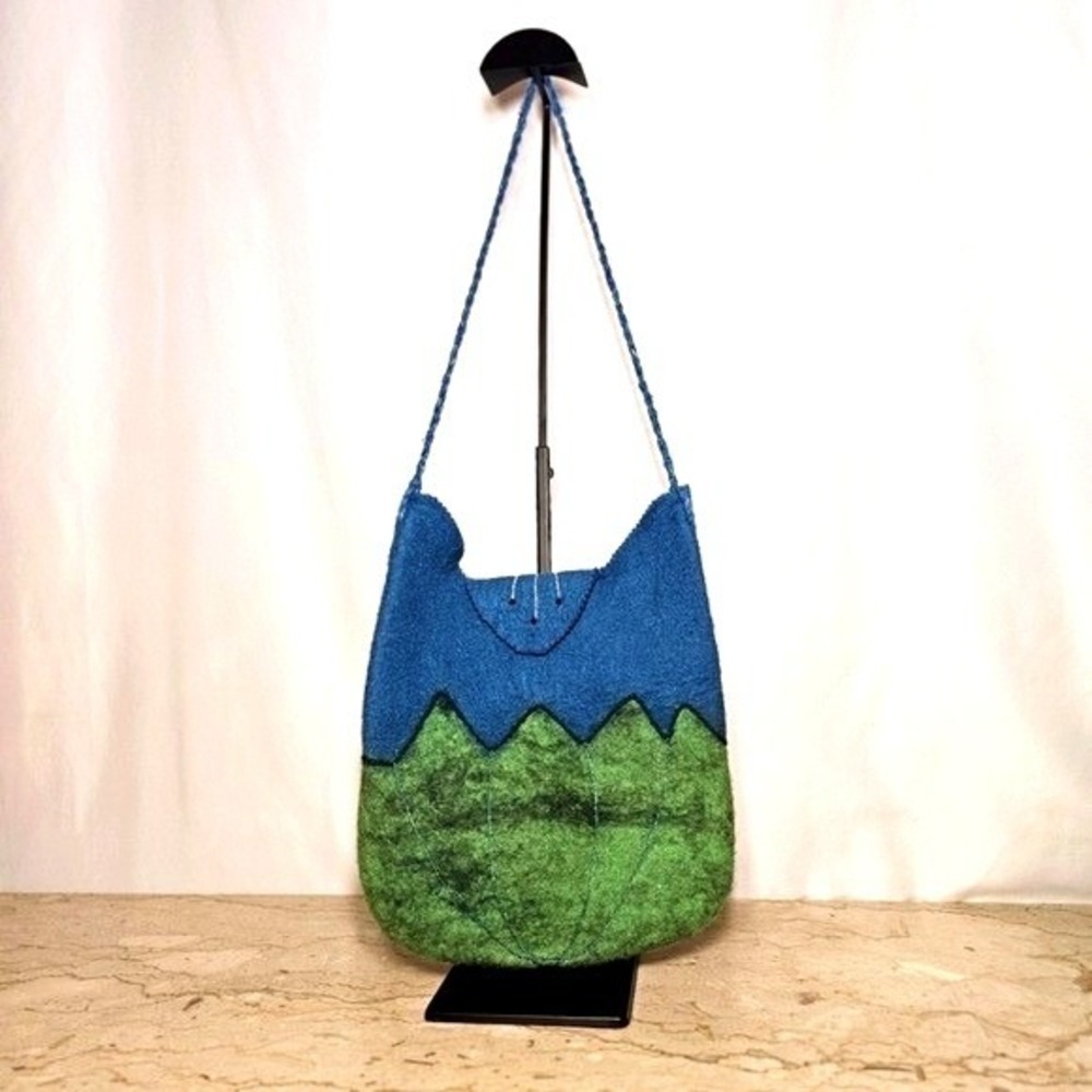 Handmade Whimsical Artisan Sheep's Wool Felted Green Blue Shoulder Bag Mongolia